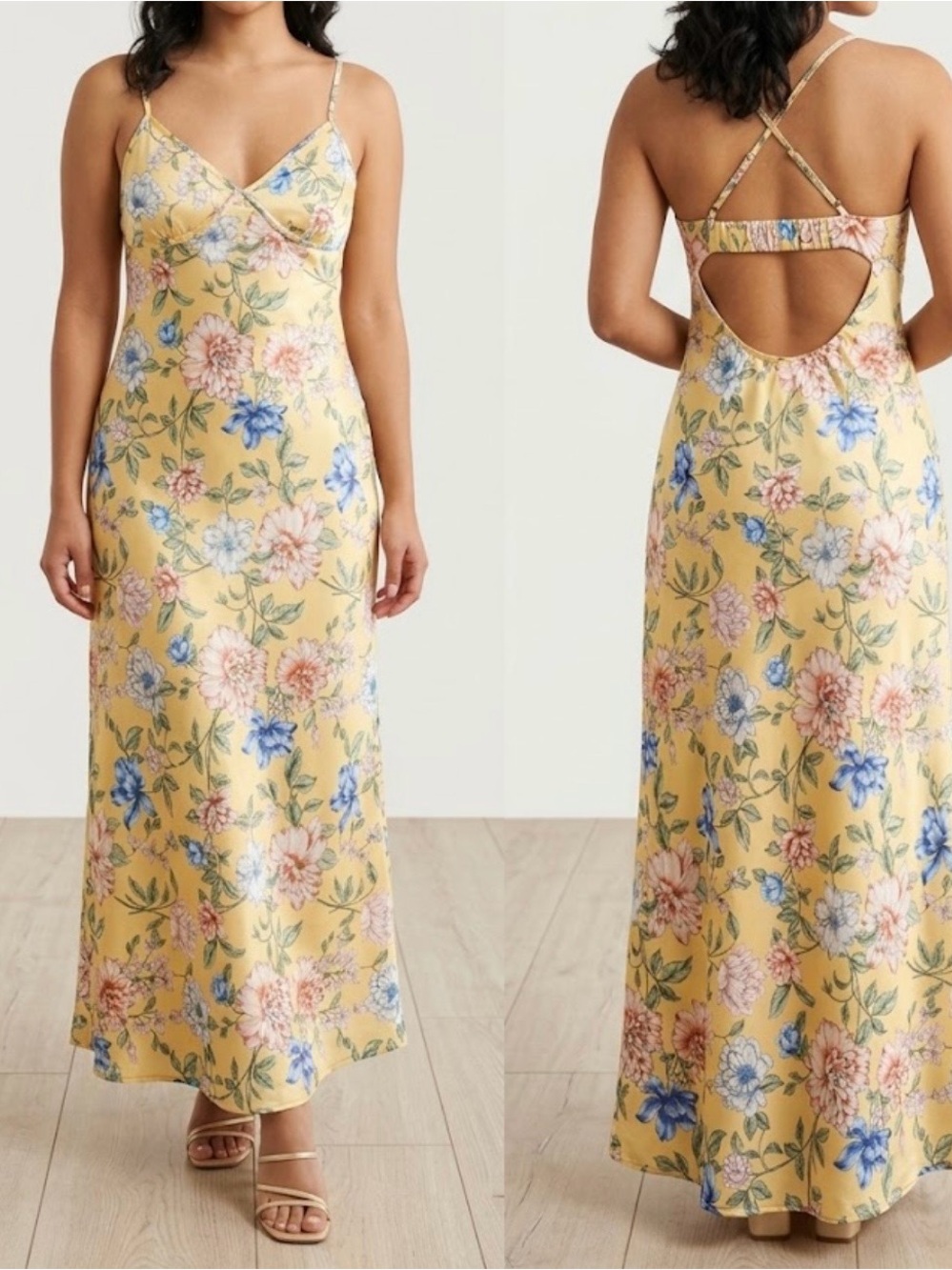 Sunlit Floral Slip Maxi Dress with Strappy Open Back
